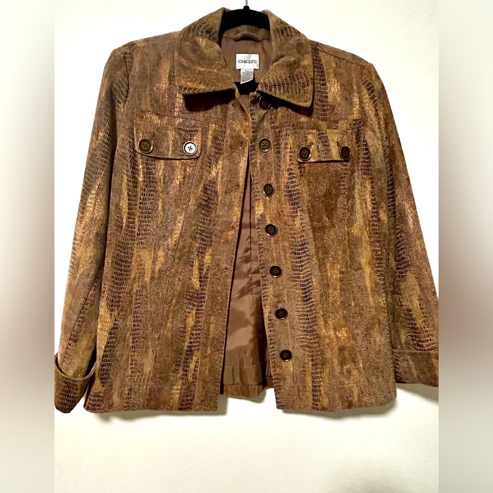 Snake Print Chicos Women Jacket Size S (8-10) Brown Button Front Pocket Shimmery